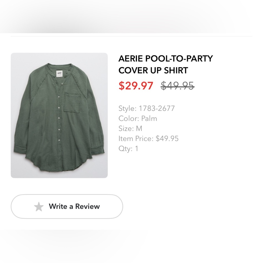 Aerie Pool to Party Cover Up Shirt in Palm - M - Like New